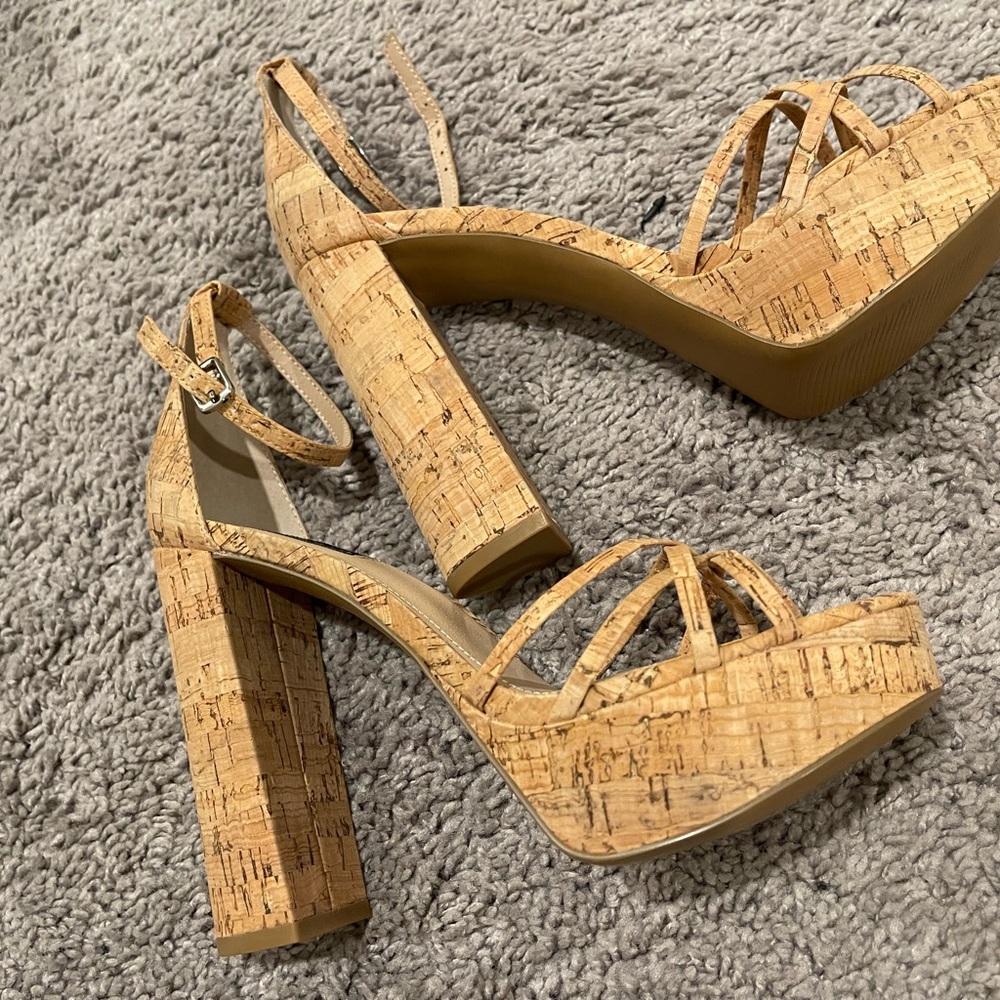 Aqua Tan Cork Strappy Heels - Picture 5 of 8